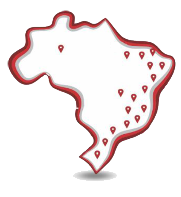 O mapa do Brasil com indicações dos escritórios da Brasoftware